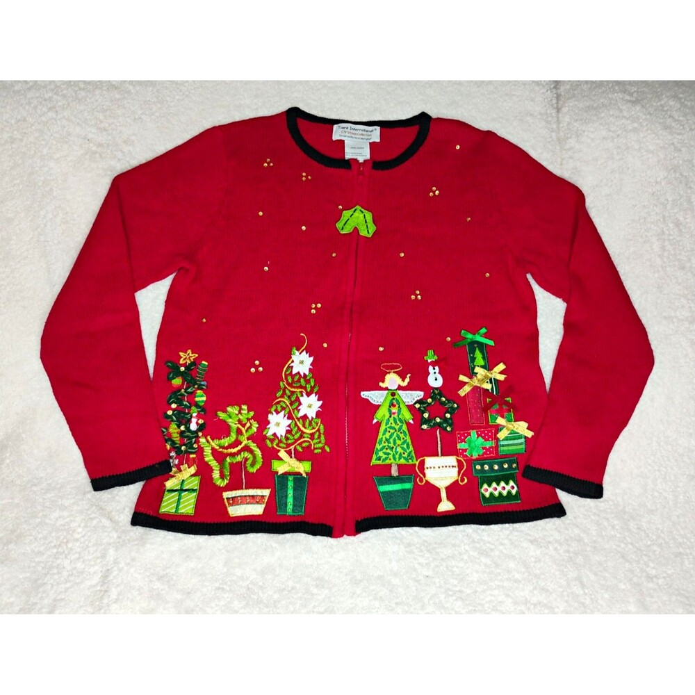 Tiara Intl Christmas Red Full Zip Cardigan Sweater Angel/Plants Beaded L